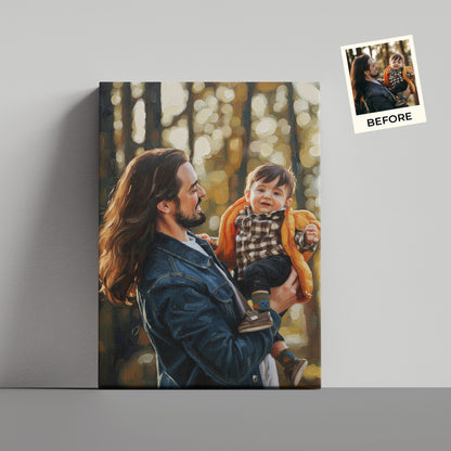 Custom Father And Child Portrait Oil Painting Canvas