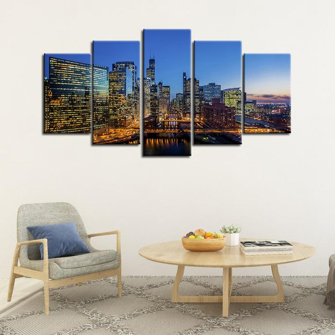 Chicago City Night 5 Pieces Painting Canvas