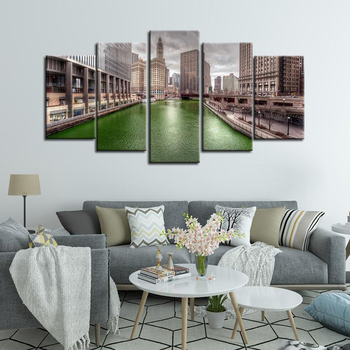 Chicago River Green 5 Pieces Painting Canvas