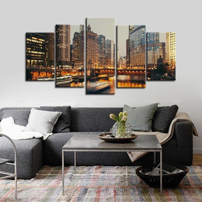 Chicago River Skyline 5 Pieces Painting Canvas