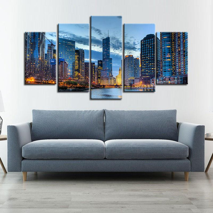 Chicago Skyscraper Night View 5 Pieces Painting Canvas
