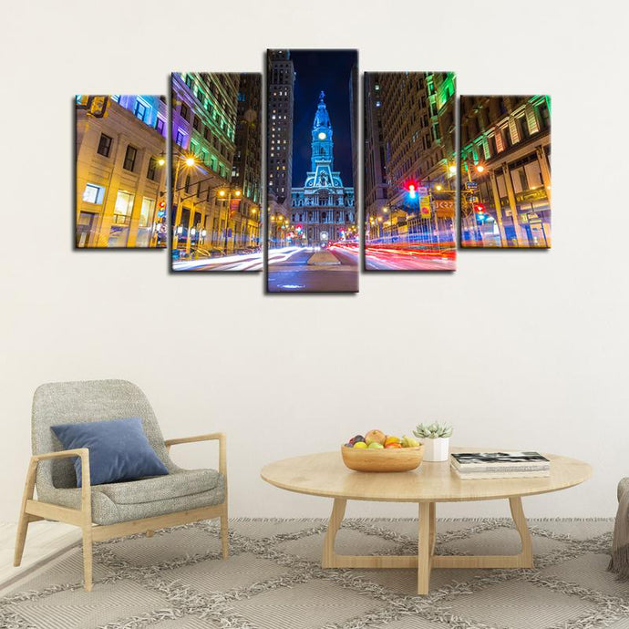 Philadelphia City Hall Night Tails 5 Pieces Wall Painting Canvas