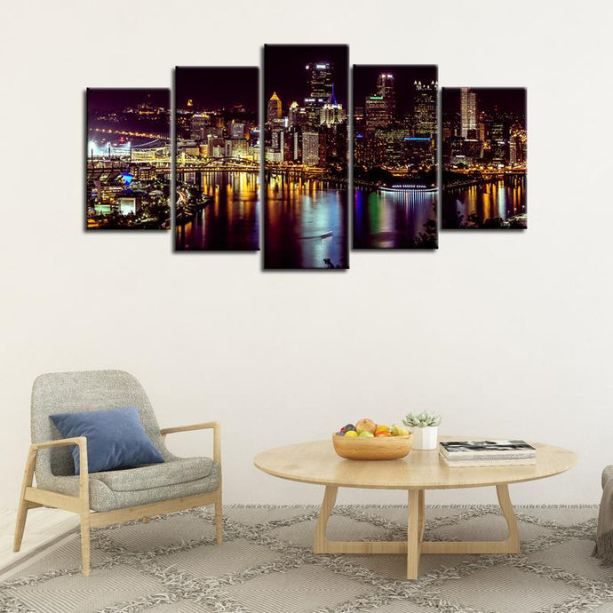 Pittsburgh City Nightlights 5 Pieces Wall Painting Canvas