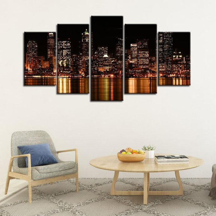Seattle City Skyline Night Wall 5 Pieces Painting Canvas