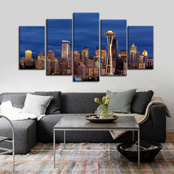 Seattle Night Skyline 5 Pieces Painting Canvas 2