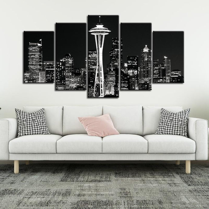 Seattle Skyline Black & White 5 Pieces Painting Canvas
