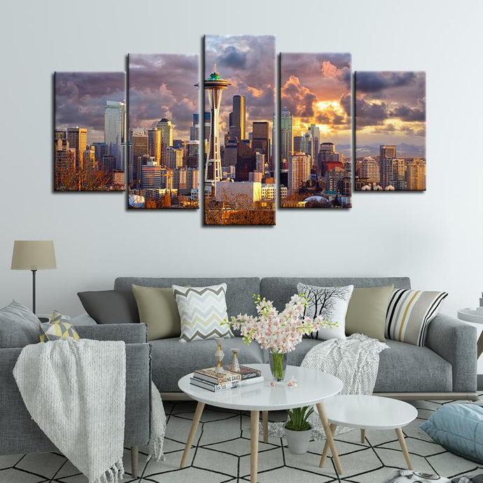 Seattle Sunset City 5 Pieces Painting Canvas