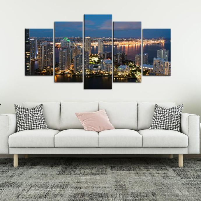 Miami Skyscrapers Night 5 Pieces Painting Canvas